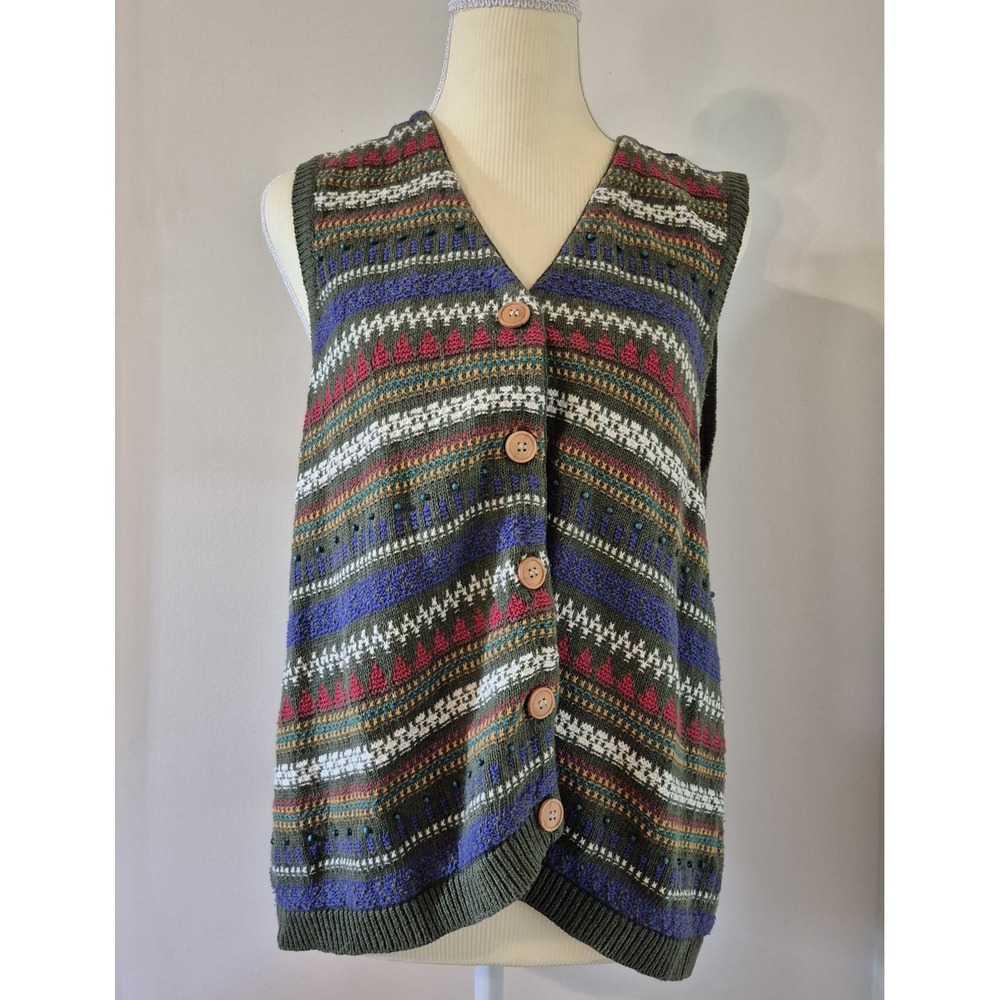 Vintage Liz Claiborne Women's S Petite Beaded Fair Isle Sweater Vest Linen Blend